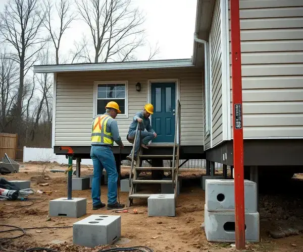Professional foundation repair team working on mobile home piers