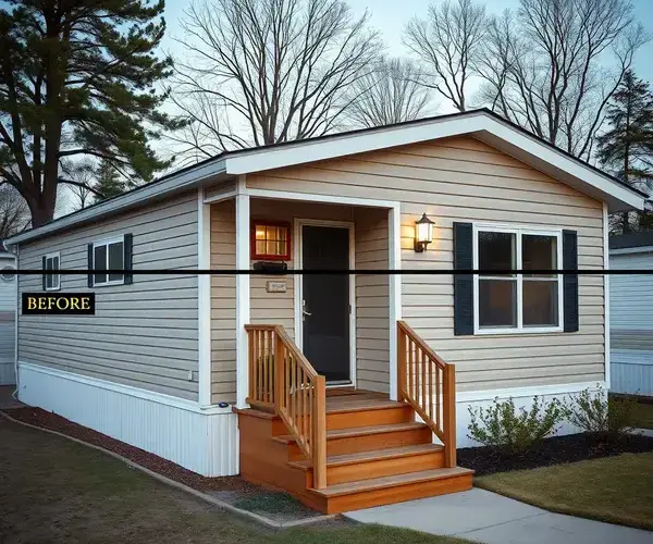 Completed mobile home renovation with modern siding and porch